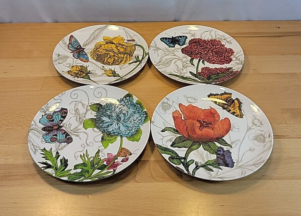 Pier 1 Imports Melamine Set 4 Plates 8.5" Lunch Salad Butterfly Floral Assorted